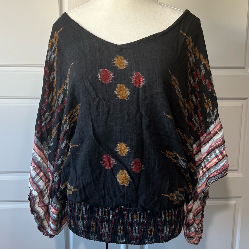 Mila Boho‎ Blouse Black Patterned Dolman Sleeve Top Elastic Waist Size Unknown